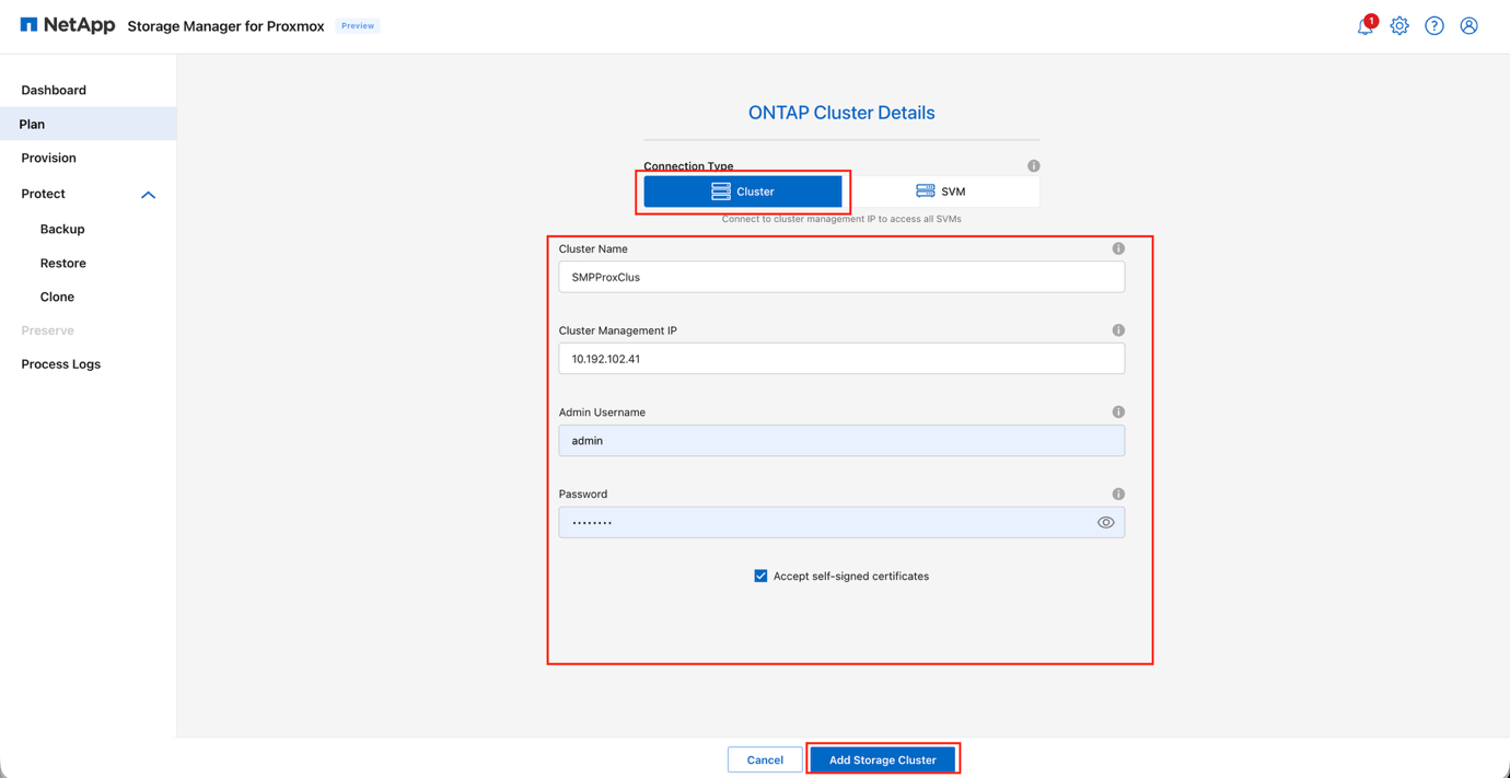 Ajouter une boîte de dialogue ONTAP pour les informations d'identification du point de terminaison du cluster