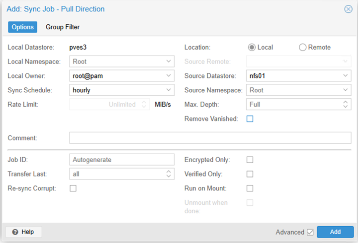 Configuration de la tâche de synchronisation locale dans PBS