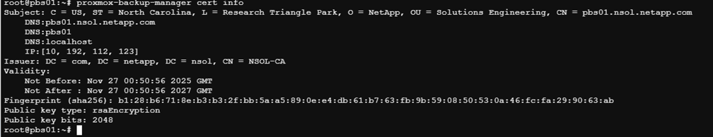 Configuration de l'empreinte digitale du certificat PBS dans l'interface de ligne de commande du serveur de sauvegarde Proxmox