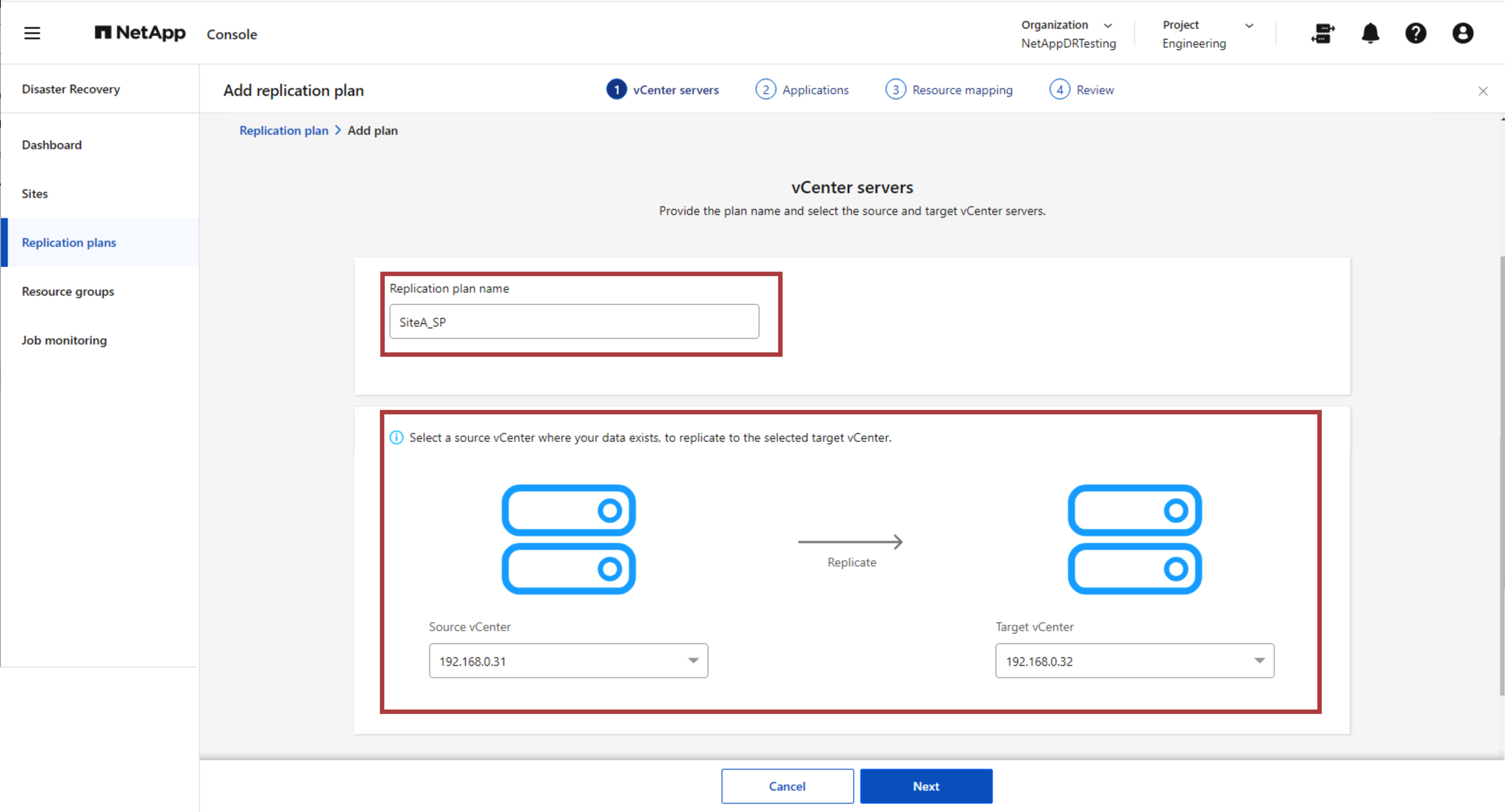 NetApp Disaster Recovery cible vCenter