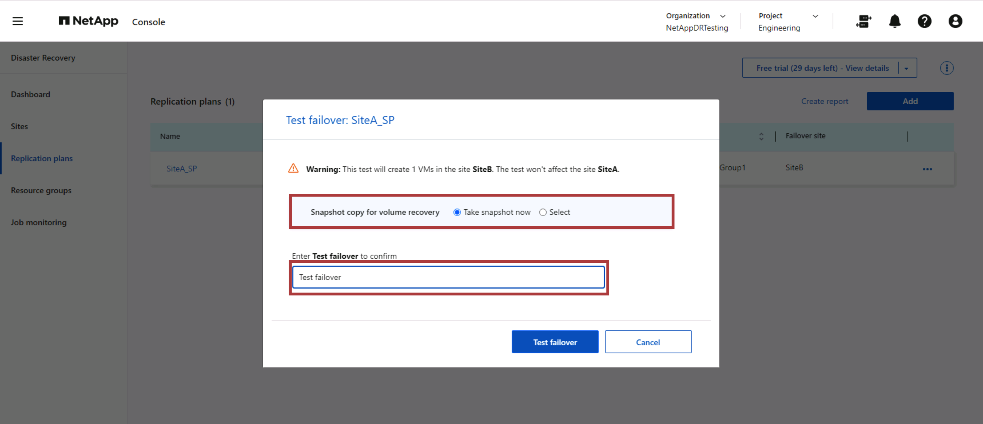 Confirmation de basculement du test du plan de réplication de NetApp Disaster Recovery