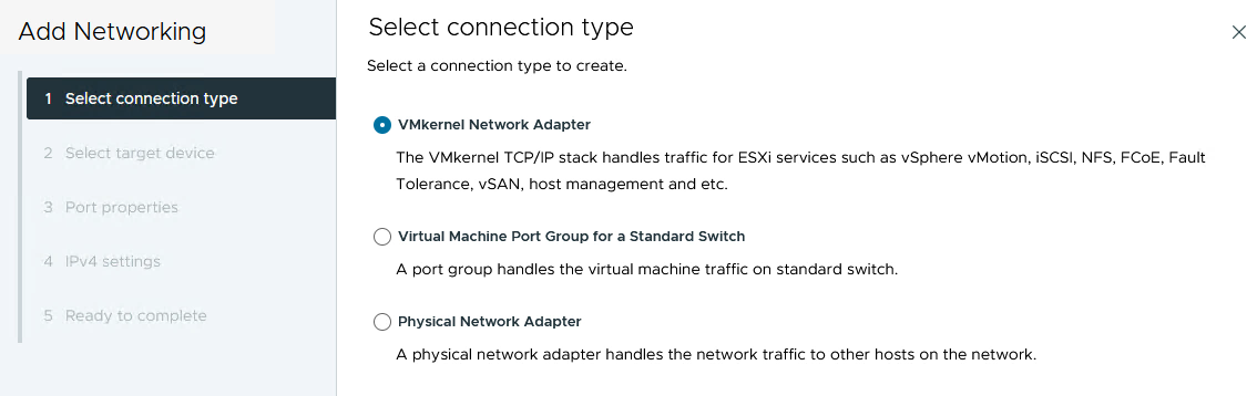 Choisir l'adaptateur réseau VMkernel
