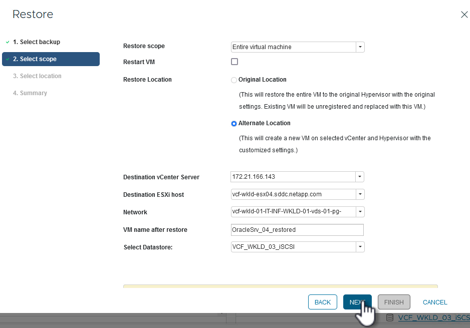 Sélectionner les options de l'étendue de restauration