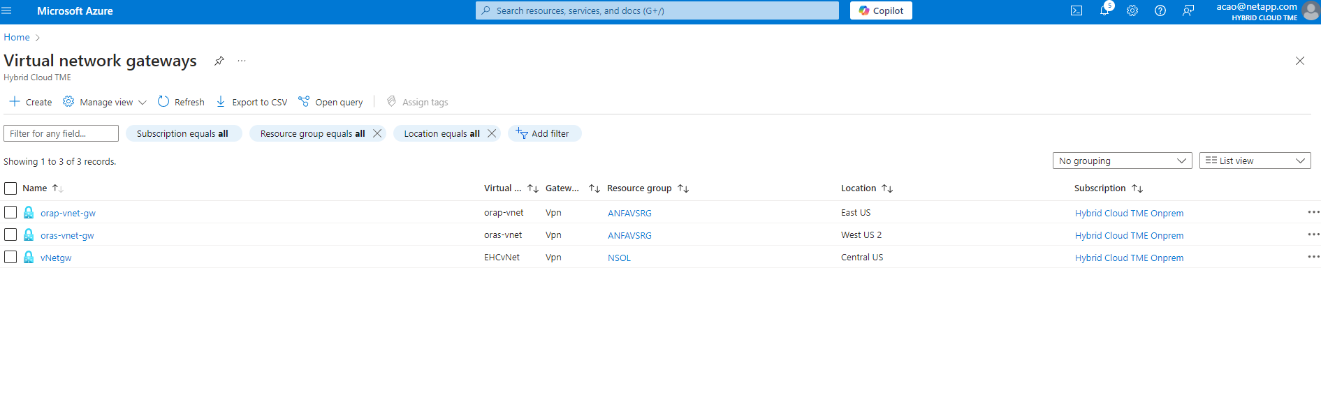 Capture d'écran montrant la configuration de l'environnement Azure.