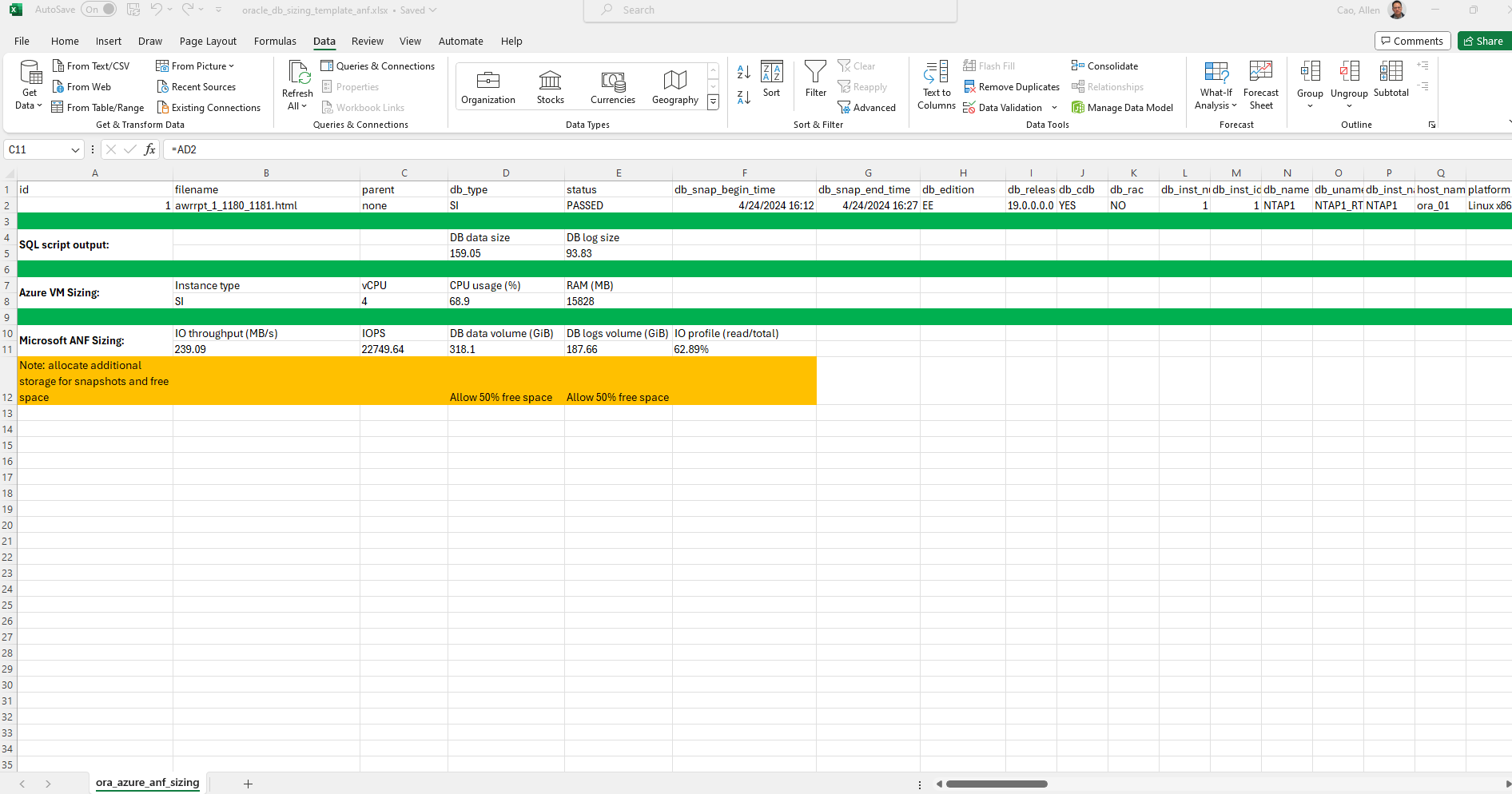 Cette image fournit une capture d'écran du modèle Excel pour le dimensionnement Oracle