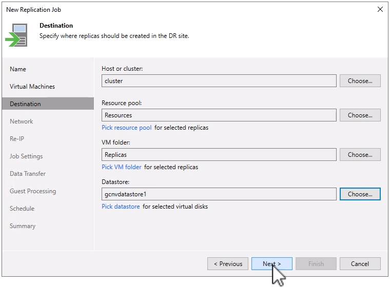 sélectionnez les détails de la destination