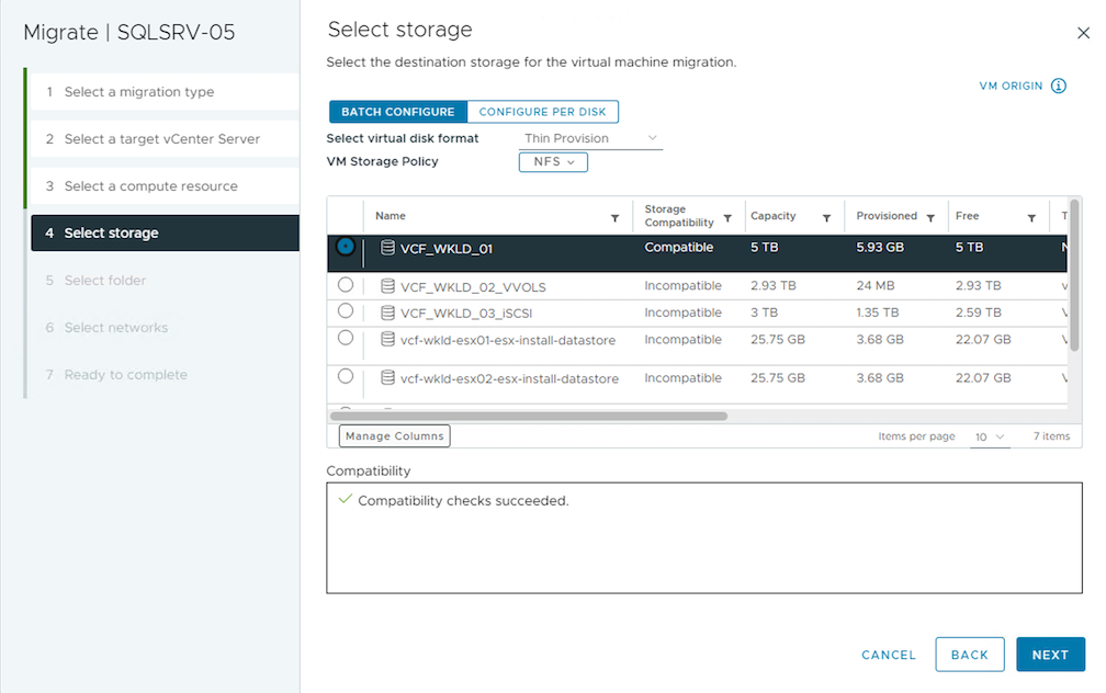 sélectionnez le datastore cible