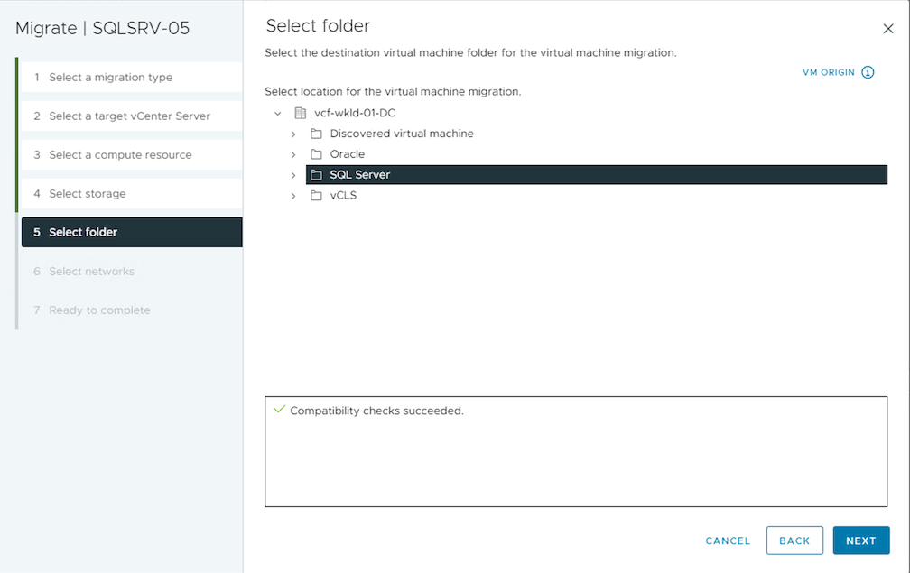 Sélectionnez le dossier VM cible