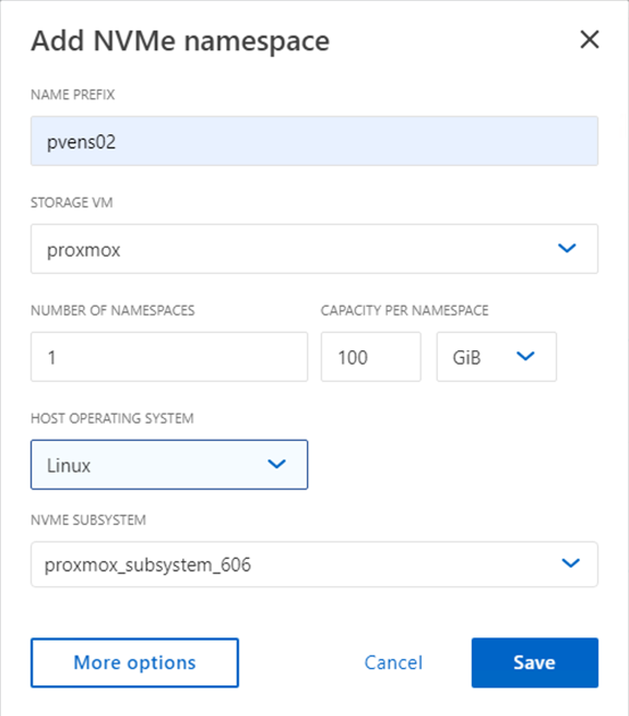 création de l'espace de noms nvme