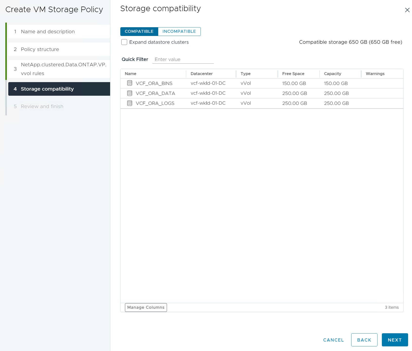 Capture d'écran montrant la configuration d'une stratégie de stockage de machine virtuelle.