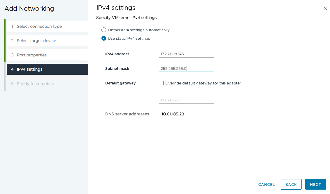 Paramètres IPv4 VMkernel