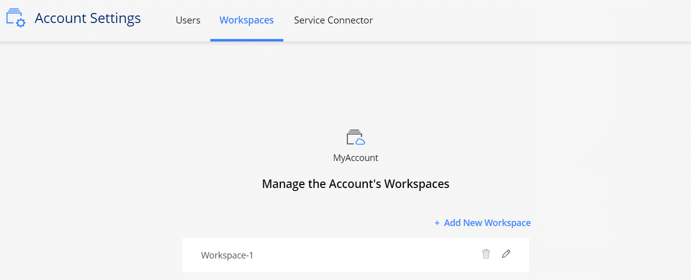 Capture d’écran qui affiche le widget Paramètres du compte à partir duquel vous pouvez gérer les utilisateurs, les espaces de travail et les connecteurs de service.