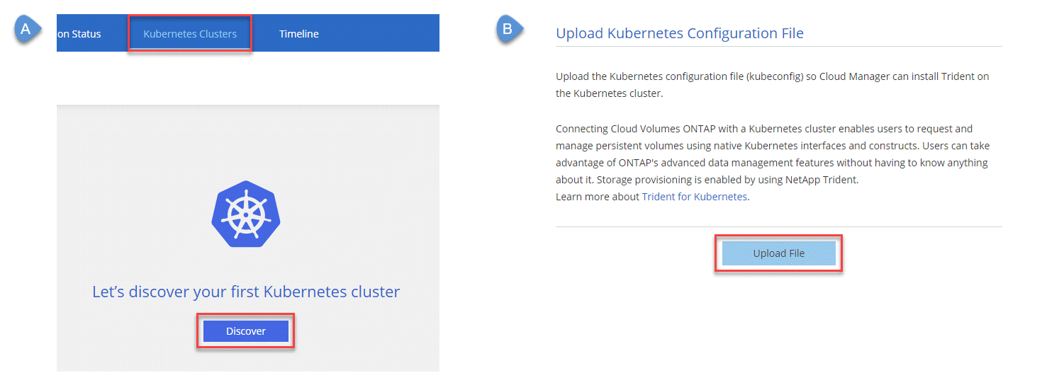 Une capture d'écran affiche l'onglet clusters Kubernetes avec un bouton Discover, puis l'écran où vous cliquez sur Upload File pour télécharger le fichier kubeconfig.