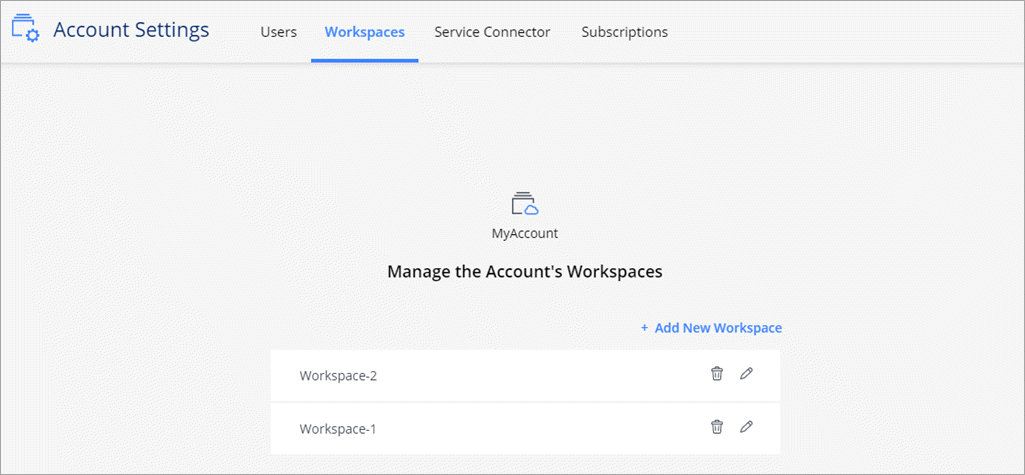Capture d'écran qui affiche le widget Paramètres du compte à partir duquel vous pouvez gérer les utilisateurs, les espaces de travail et les connecteurs.