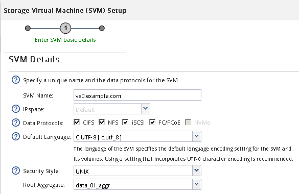 L'illustration montre la création d'un SVM avec un style de sécurité UNIX
