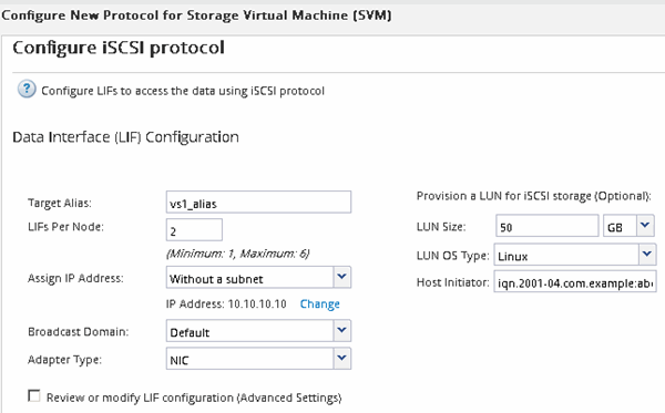 L'illustration représente l'étape 3 de l'assistant d'installation du SVM : en remplissage des détails iSCSI.