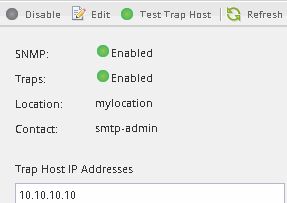 Cette image montre la partie de l'écran de configuration SNMP qui affiche l'état d'activation SNMP et l'état d'activation d'interruption.