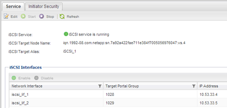 L'illustration montre la page du protocole iSCSI avec une icône verte et le service iSCSI texte est en cours d'exécution.