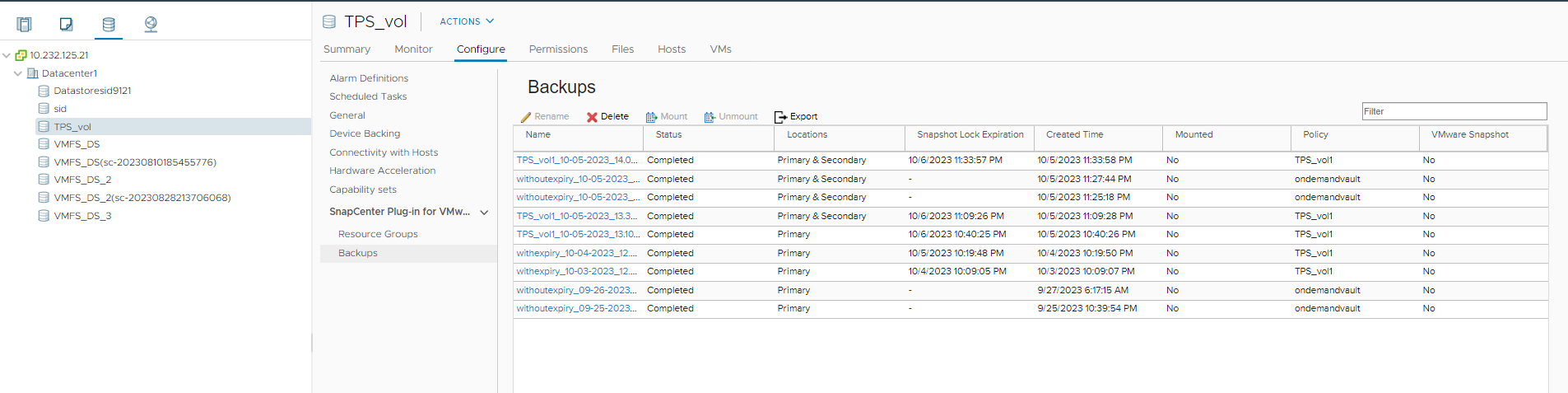Écran du client vSphere
