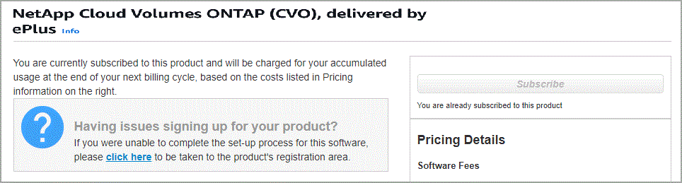 Une capture d'écran qui montre la page d'abonnement de la console pour Cloud Volumes ONTAP lorsque le compte AWS dispose déjà d'un abonnement, mais qu'un utilisateur IAM particulier n'en a peut-être pas.