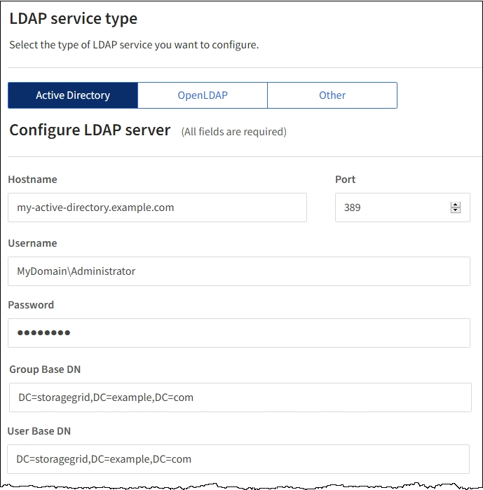 Page de fédération des identités présentant le serveur LDAP qui utilise Active Directory