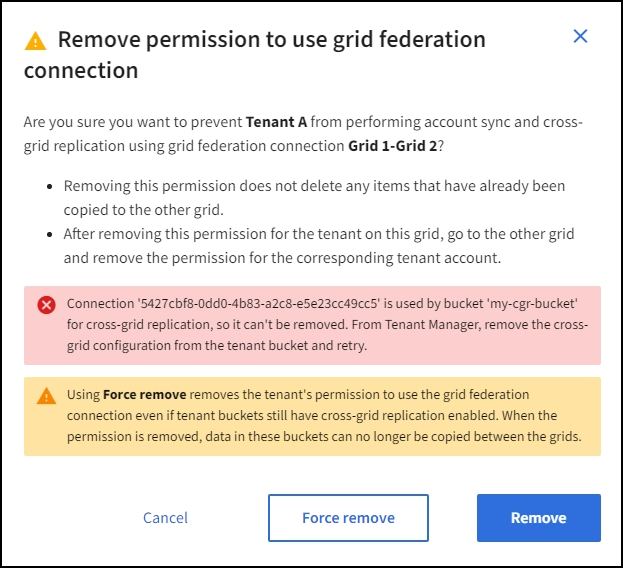 Message d'erreur affiché si le locataire a activé CGR pour un bucket