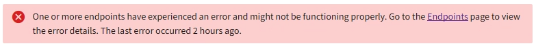 Message d'erreur du point de terminaison sur le tableau de bord