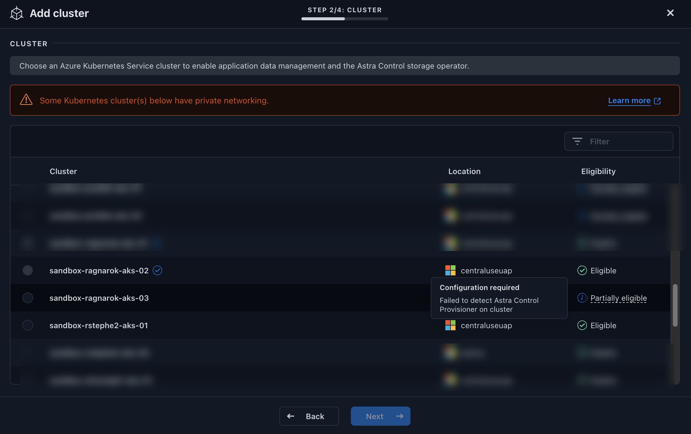 Capture d'écran illustrant l'éligibilité d'un cluster dans le workflow d'ajout de cluster