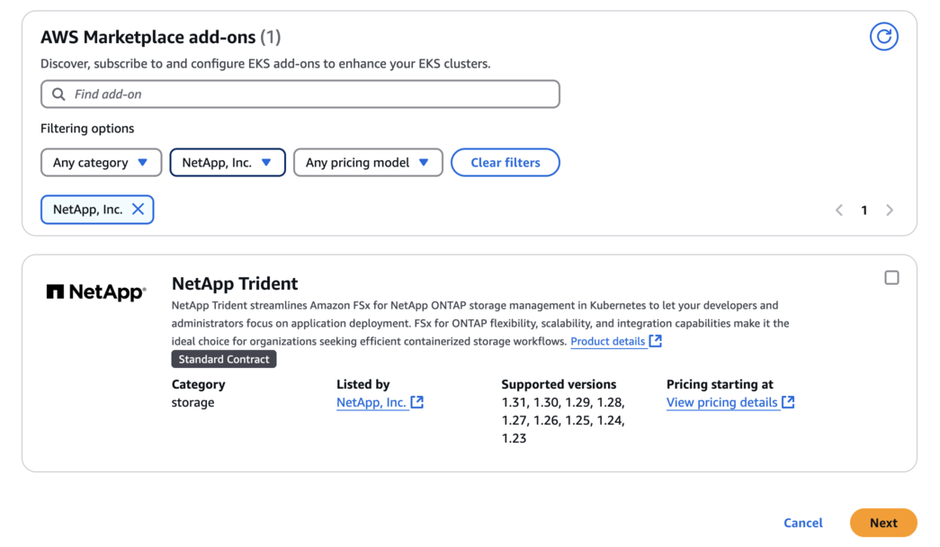 Catégorie de stockage des modules complémentaires AWS Marketplace