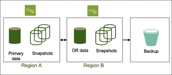 La capture d'écran montre la protection des données pour le stockage FSX pour ONTAP à l'aide de snapshots, la réplication dans l'ensemble des régions et la sauvegarde dans le stockage objet.