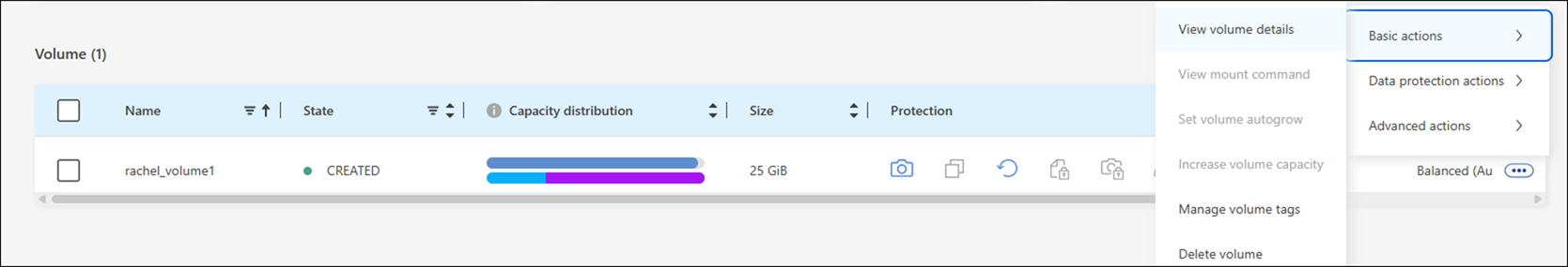 Capture d'écran qui montre le menu du volume FSx pour ONTAP avec les actions de base, puis affiche les détails du volume.