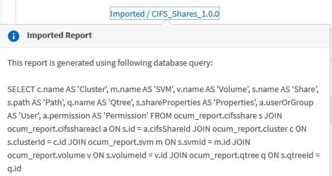 Schermata dell'interfaccia utente che mostra la query SQL utilizzata per generare il report.