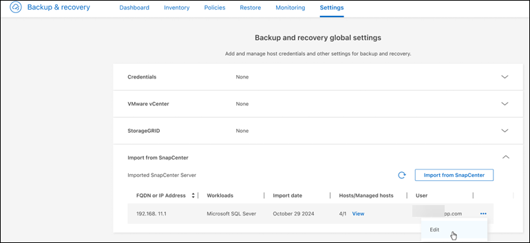Opzione Impostazioni per importare le risorse di SnapCenter Server che mostrano le risorse importate in precedenza