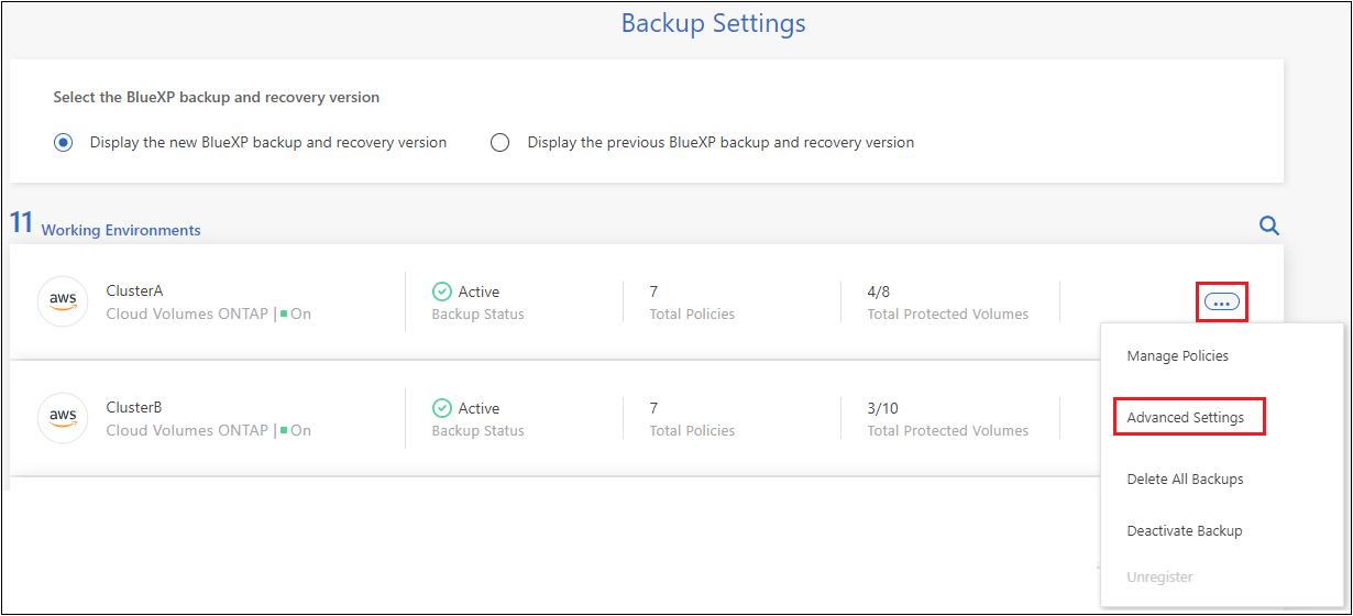 Schermata che mostra il pulsante Advanced Settings (Impostazioni avanzate) dalla pagina Backup Settings (Impostazioni di backup).