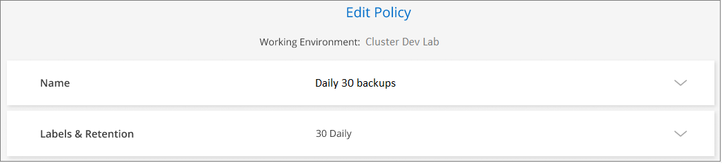 Una schermata che mostra le impostazioni dei criteri di backup in cui è possibile modificare la pianificazione del backup e l'impostazione di conservazione del backup.