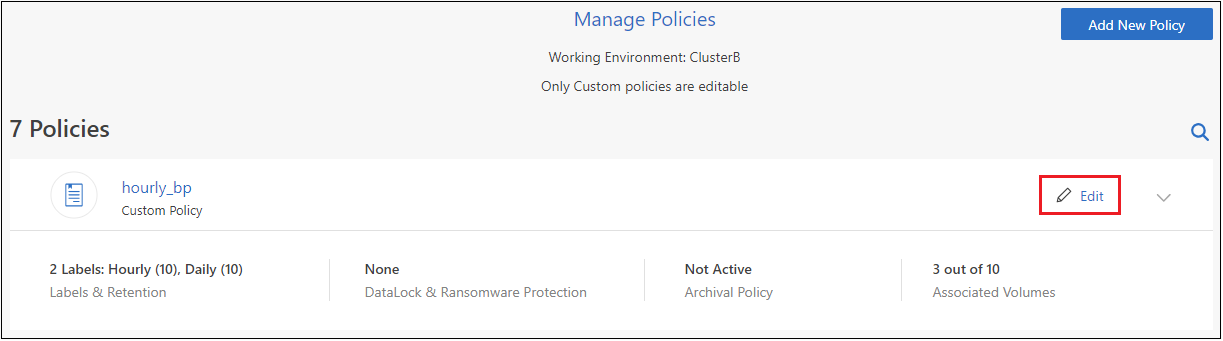 Schermata che mostra il pulsante Edit Policy (Modifica policy) della pagina Manage Policies (Gestisci policy).