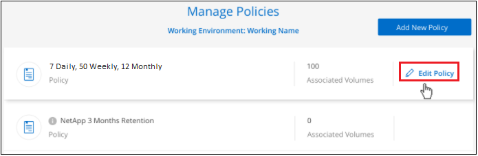 Schermata che mostra il pulsante Edit Policy (Modifica policy) della pagina Manage Policies (Gestisci policy).