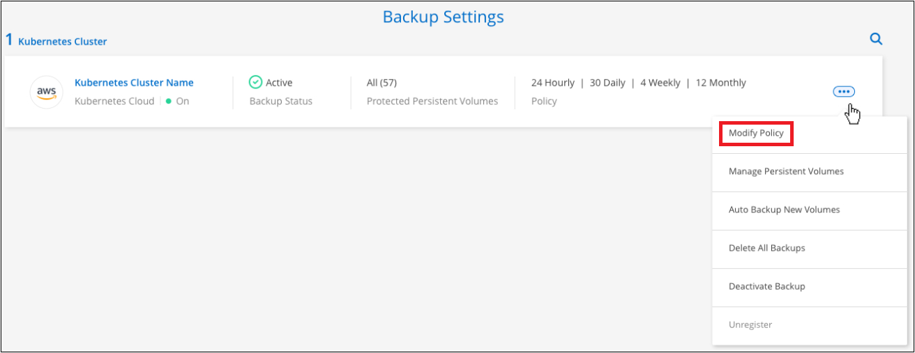 Una schermata che mostra l'opzione Manage Policies (Gestisci policy) dalla pagina Backup Settings (Impostazioni backup).