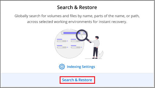 Schermata che mostra la selezione del pulsante Search  Restore (Cerca  Ripristina) dalla dashboard di ripristino.