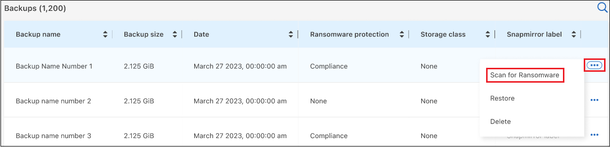Una schermata che mostra come eseguire una scansione ransomware su un singolo file di backup.