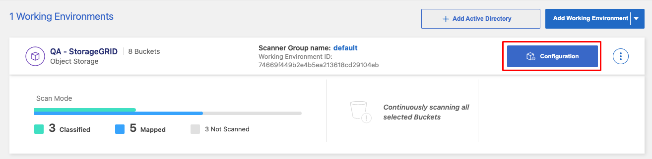 Una schermata di fare clic su Configuration (Configurazione) per l'ambiente di lavoro in modo da poter scegliere i bucket da sottoporre a scansione.