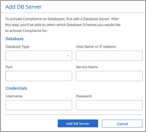 Una schermata della pagina Add DB Server (Aggiungi server DB) per identificare il database.