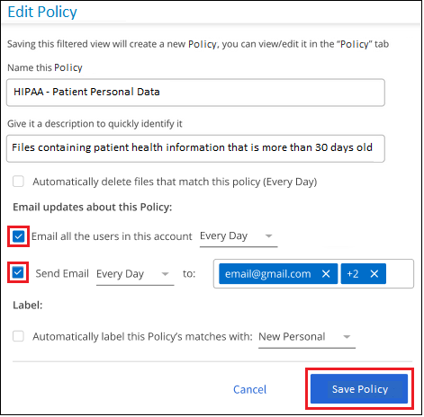 Una schermata che mostra come scegliere i criteri e-mail da inviare per la policy.