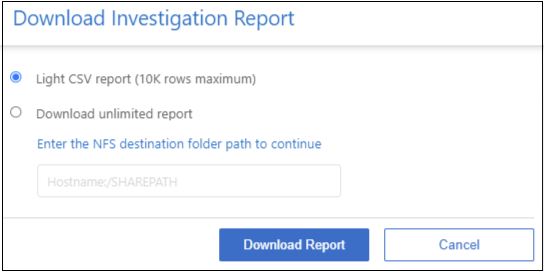 Una schermata della pagina Download Investigation Report con diverse opzioni.