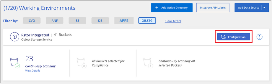 Una schermata di fare clic su Configuration (Configurazione) per l'ambiente di lavoro in modo da poter scegliere i bucket da sottoporre a scansione.