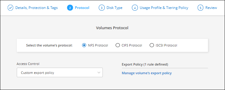 Una schermata che mostra la pagina Protocol (protocollo) quando si crea un nuovo volume.