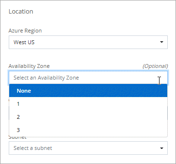 Una schermata dell'elenco a discesa Availability zone (Area disponibilità) disponibile dopo aver scelto una regione.
