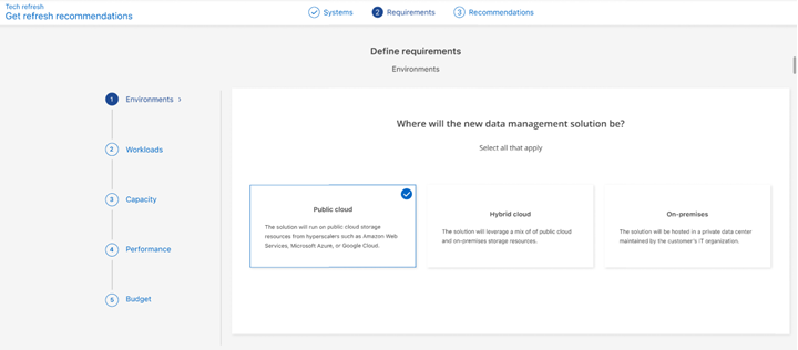 Pagina dei requisiti di refresh tecnologico che mostra le scelte ambientali