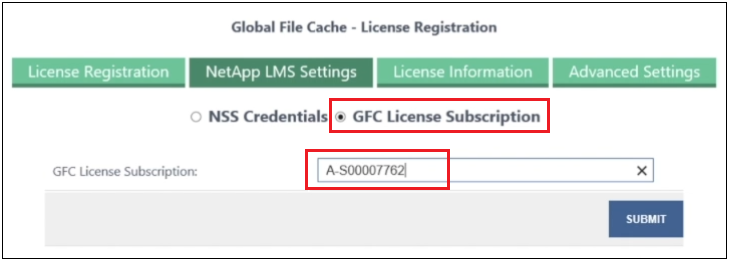 Una schermata che mostra l'inserimento del numero di abbonamento al software GFC nella pagina GFC License Subscription (abbonamento alle licenze GFC).