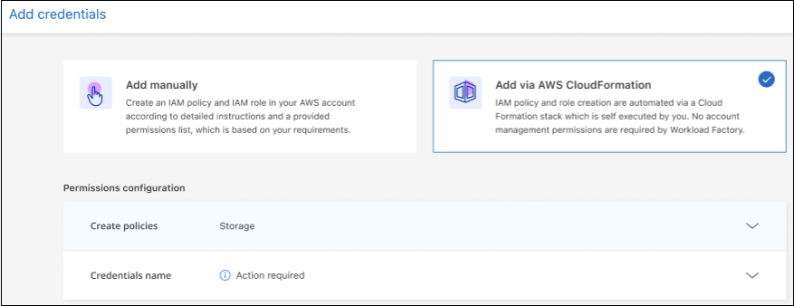 Una schermata che mostra gli elementi da definire prima di poter avviare CloudFormation per creare le credenziali.